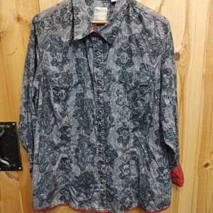 Roper Mens 3XL Gray Black Paisley Western Wear Long Sleeve Shirt Red Cuff